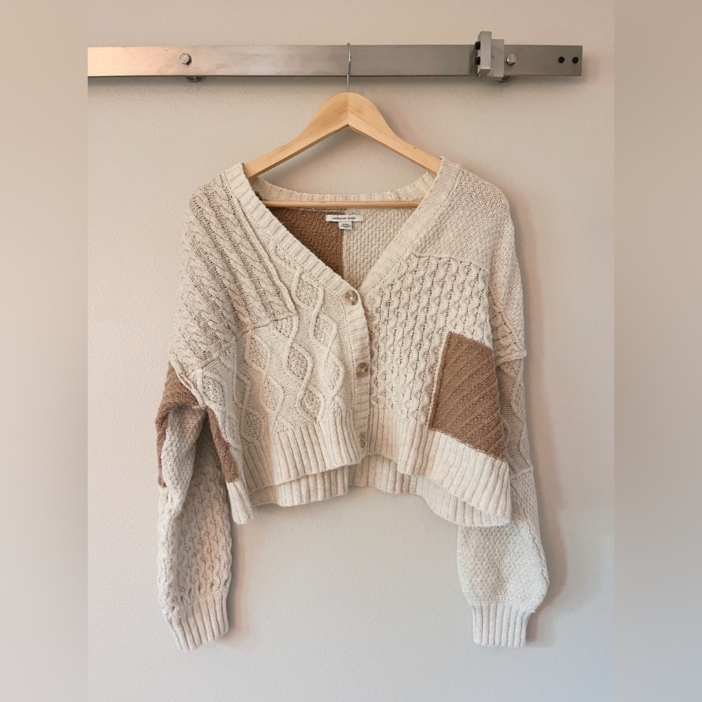 American Eagle Outfitters Patchwork Cardigan, Cream and Brown - Size M